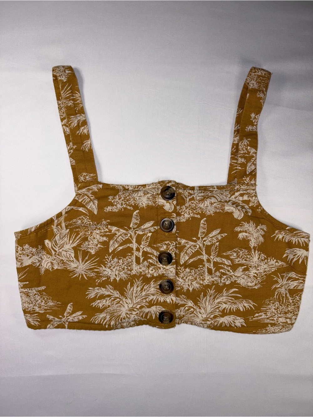 American Eagle Outfitters Mustard Tropical Print Button-Front Crop Top